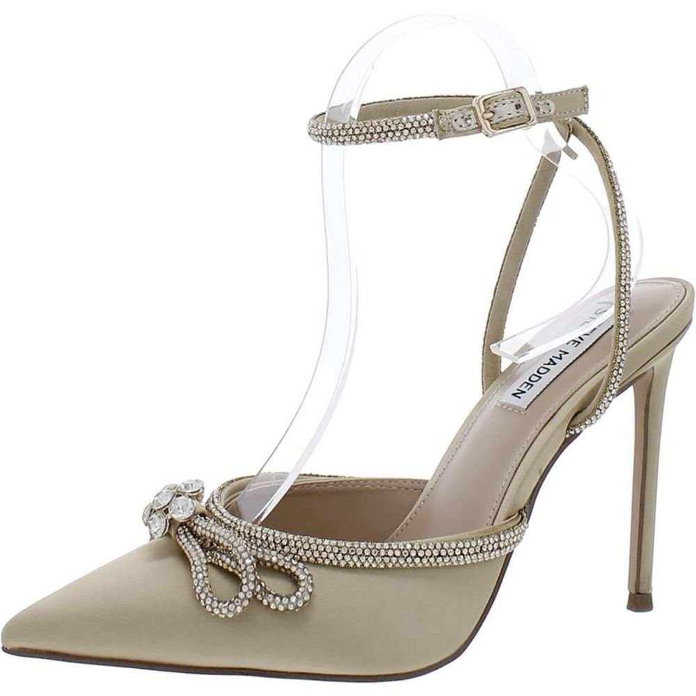 Steve Madden Womens Viable Gold Satin Pointed Toe Ankle Strap Shoes Used